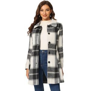 Women's Buffalo Checks Winter Peter Pan Collar Long Plaid Coat Black White